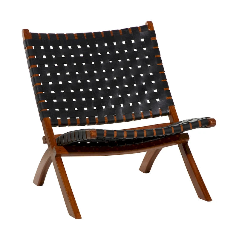 Sedia Pieghevole Monoposto in Pelle Intrecciata Nera/Marrone