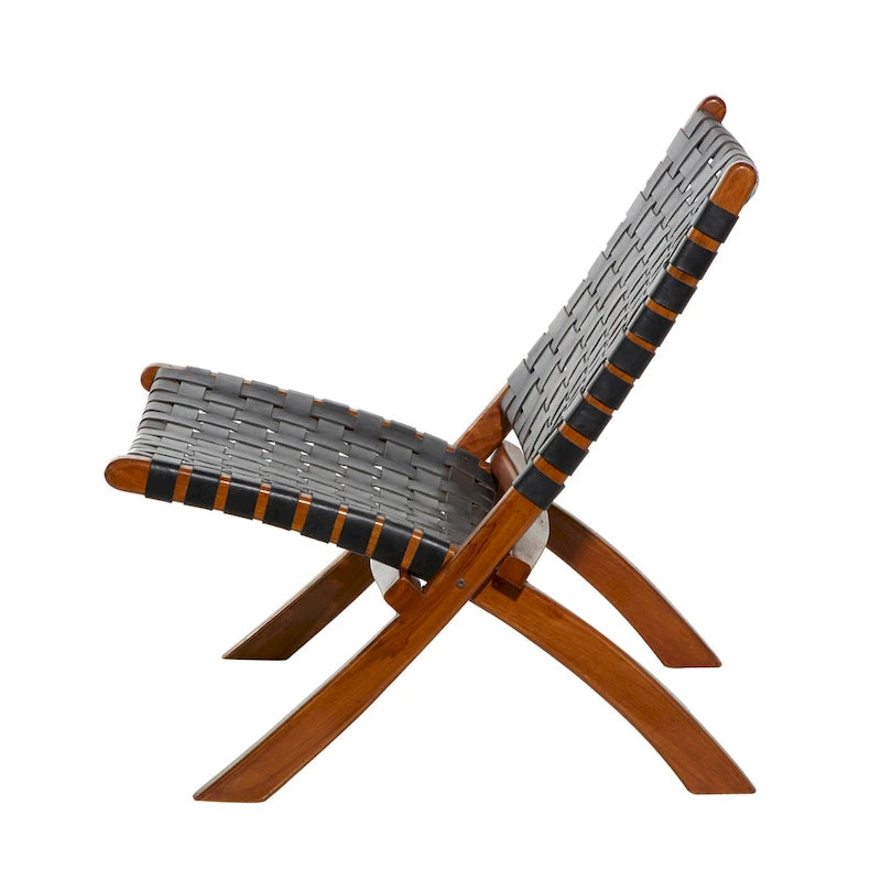 Sedia Pieghevole Monoposto in Pelle Intrecciata Nera/Marrone