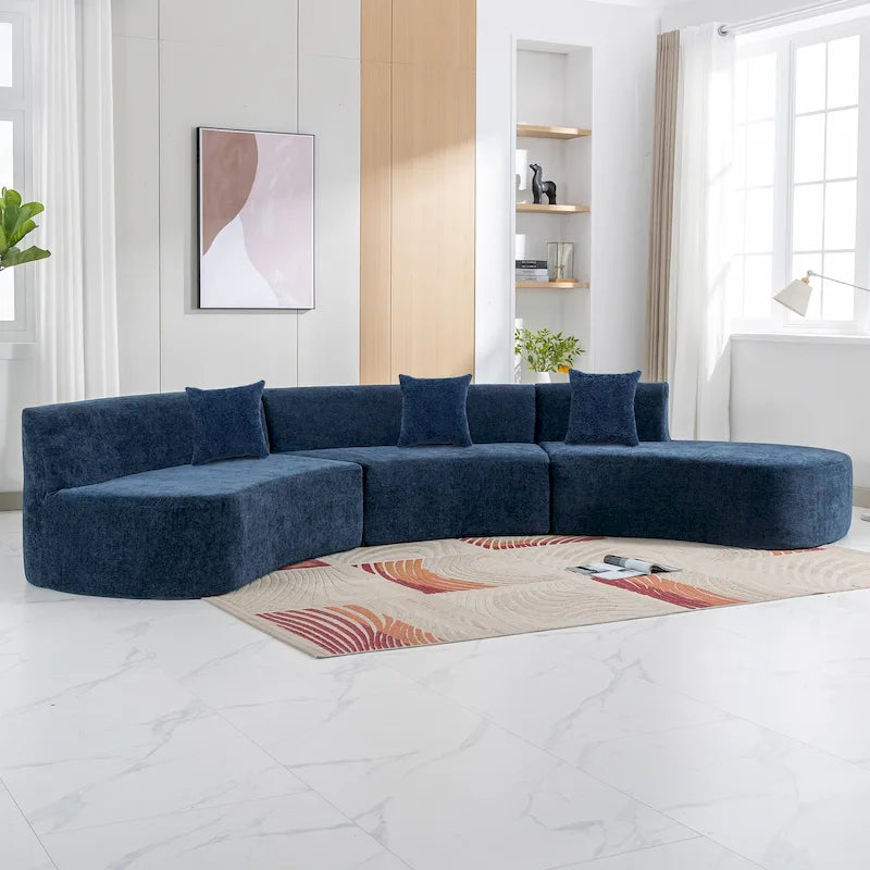 Divano angolare curvo blu/grigio/beige con 3 cuscini decorativi, ciniglia, 3-4 posti