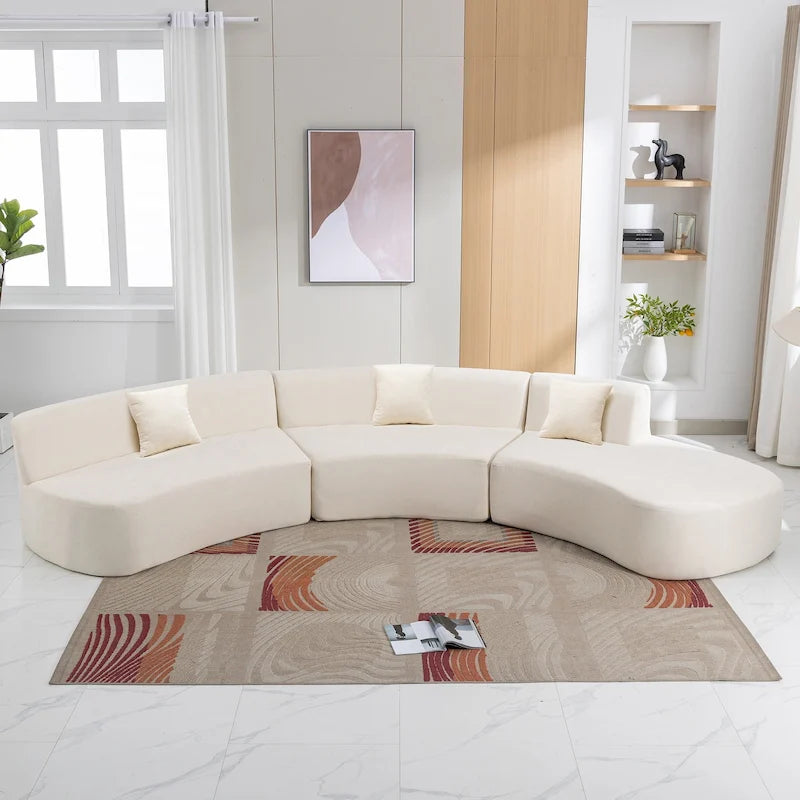 Divano angolare curvo blu/grigio/beige con 3 cuscini decorativi, ciniglia, 3-4 posti