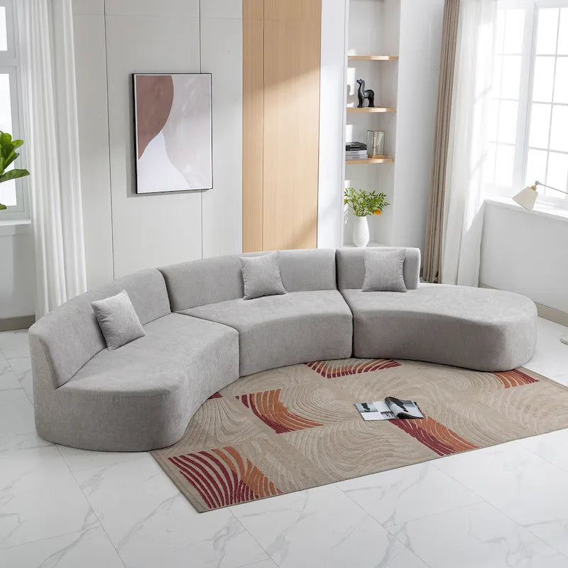 Divano angolare curvo blu/grigio/beige con 3 cuscini decorativi, ciniglia, 3-4 posti