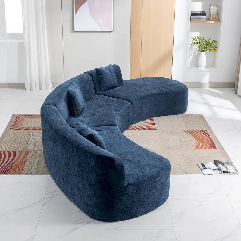 Divano angolare curvo blu/grigio/beige con 3 cuscini decorativi, ciniglia, 3-4 posti