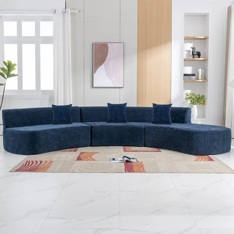 Divano angolare curvo blu/grigio/beige con 3 cuscini decorativi, ciniglia, 3-4 posti