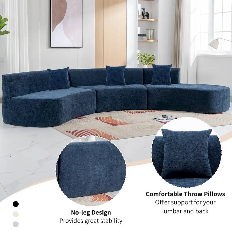 Divano angolare curvo blu/grigio/beige con 3 cuscini decorativi, ciniglia, 3-4 posti