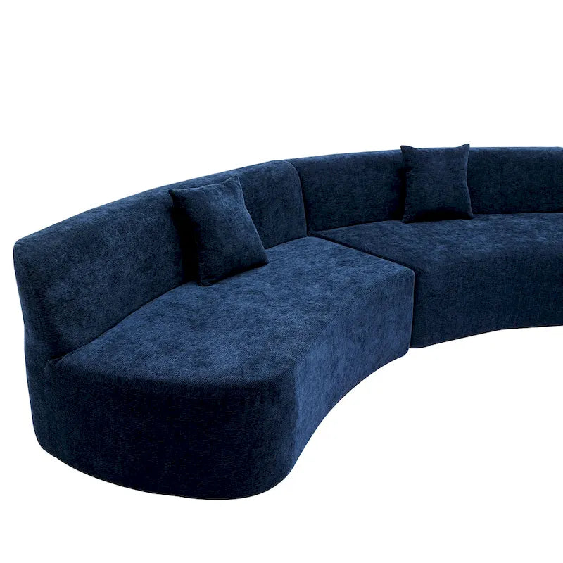 Divano angolare curvo blu/grigio/beige con 3 cuscini decorativi, ciniglia, 3-4 posti