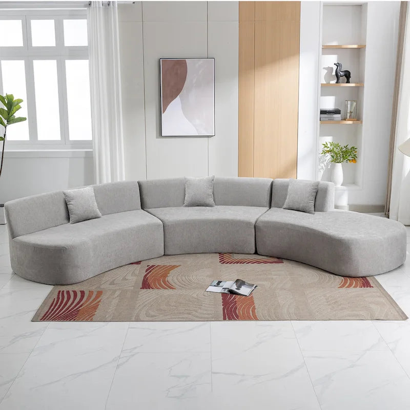Divano angolare curvo blu/grigio/beige con 3 cuscini decorativi, ciniglia, 3-4 posti