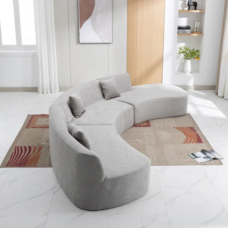 Divano angolare curvo blu/grigio/beige con 3 cuscini decorativi, ciniglia, 3-4 posti