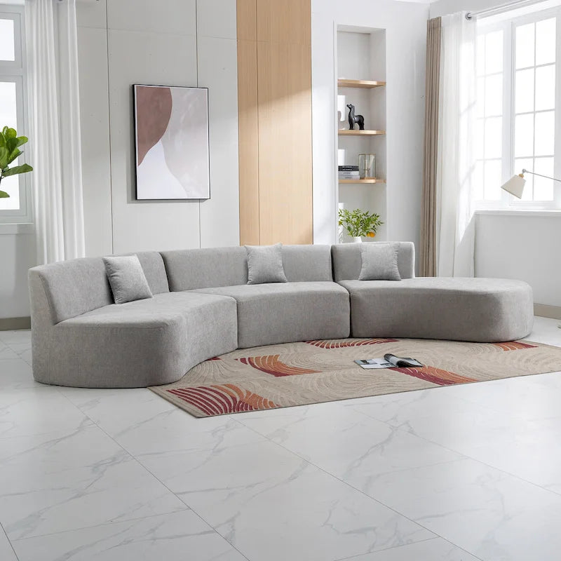 Divano angolare curvo blu/grigio/beige con 3 cuscini decorativi, ciniglia, 3-4 posti