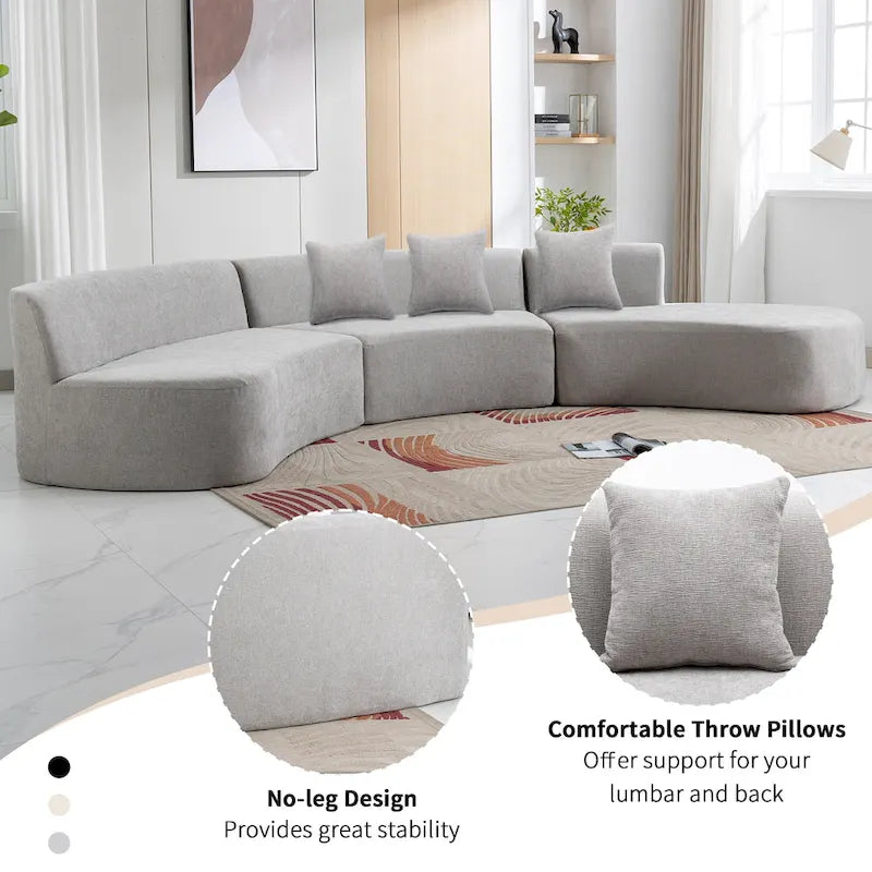 Divano angolare curvo blu/grigio/beige con 3 cuscini decorativi, ciniglia, 3-4 posti