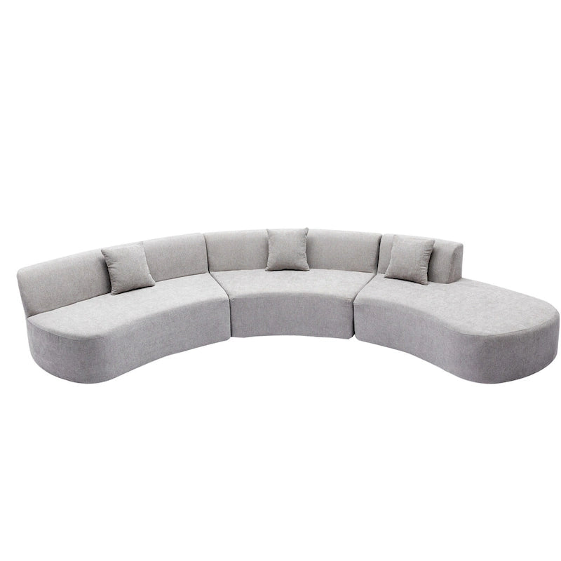 Divano angolare curvo blu/grigio/beige con 3 cuscini decorativi, ciniglia, 3-4 posti