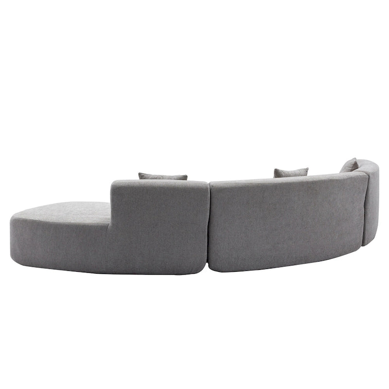 Divano angolare curvo blu/grigio/beige con 3 cuscini decorativi, ciniglia, 3-4 posti