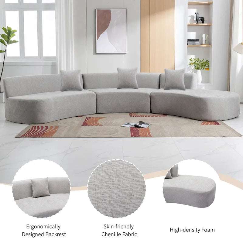 Divano angolare curvo blu/grigio/beige con 3 cuscini decorativi, ciniglia, 3-4 posti