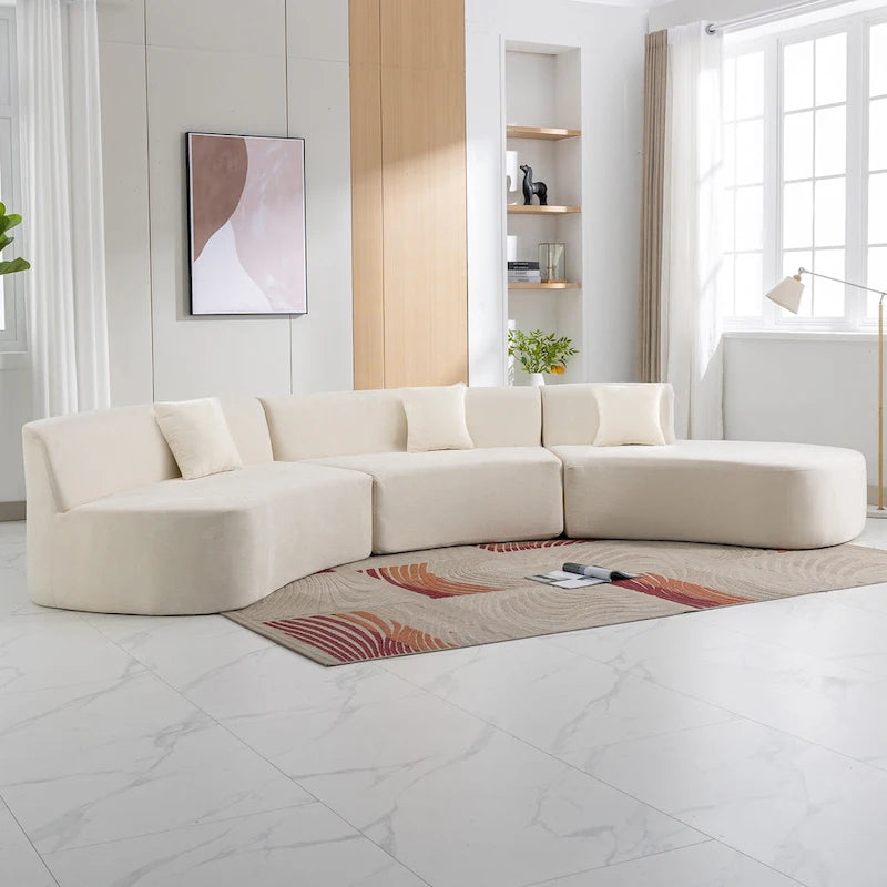 Divano angolare curvo blu/grigio/beige con 3 cuscini decorativi, ciniglia, 3-4 posti