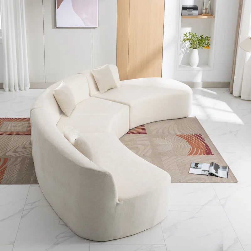 Divano angolare curvo blu/grigio/beige con 3 cuscini decorativi, ciniglia, 3-4 posti