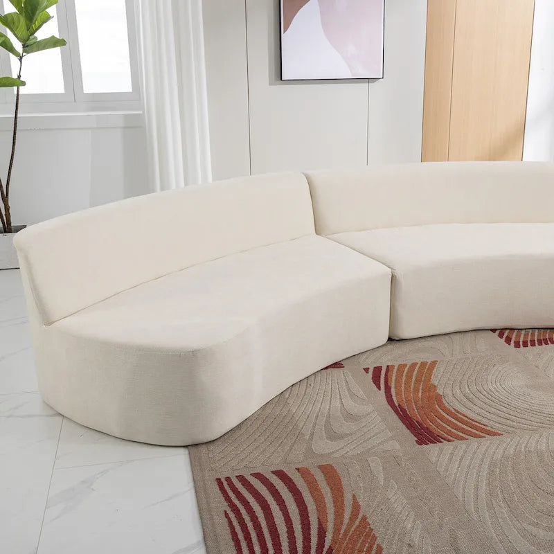 Divano angolare curvo blu/grigio/beige con 3 cuscini decorativi, ciniglia, 3-4 posti
