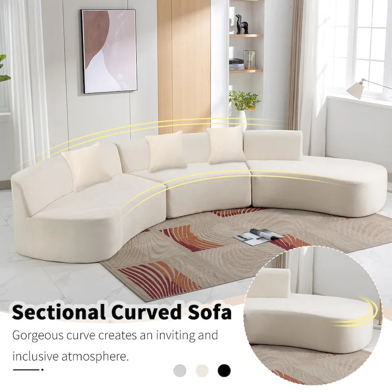 Divano angolare curvo blu/grigio/beige con 3 cuscini decorativi, ciniglia, 3-4 posti