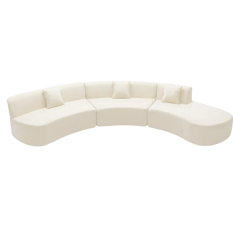 Divano angolare curvo blu/grigio/beige con 3 cuscini decorativi, ciniglia, 3-4 posti