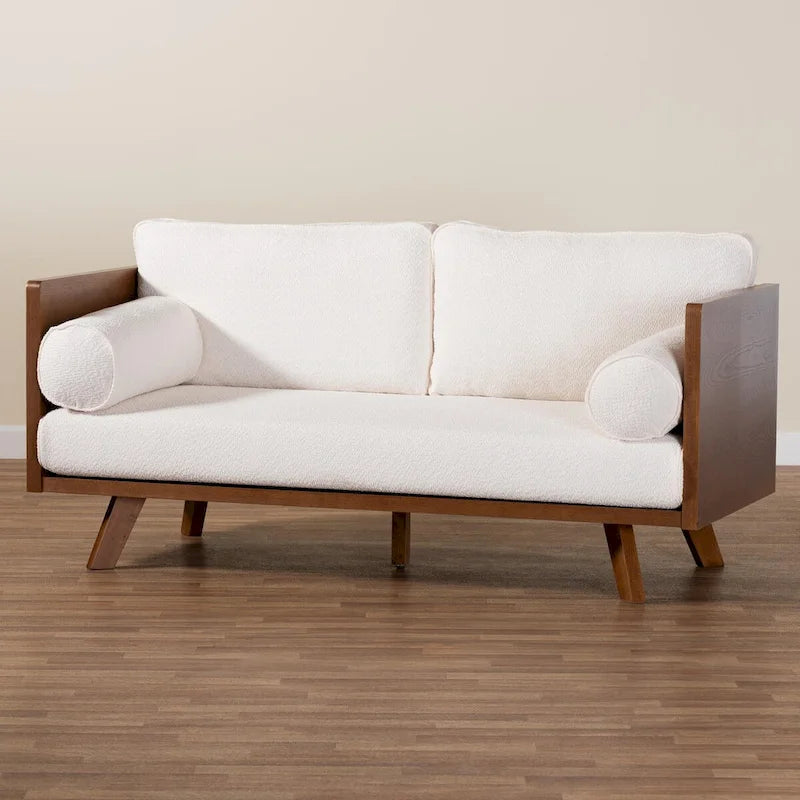 Divano Tuxedo Mid-Century in Tessuto Bouclé Crema/Grigio, 2-3 Posti