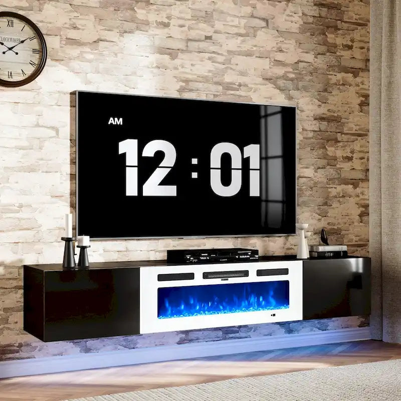 Mobile TV da parete bianco e nero con caminetto elettrico da 36", adatto per TV fino a 80"