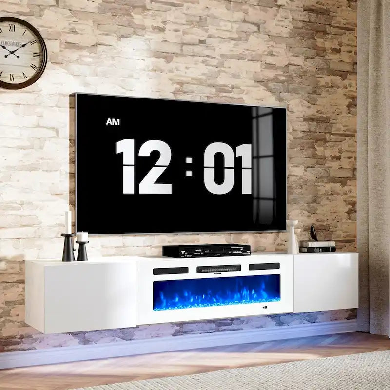 Mobile TV da parete bianco e nero con caminetto elettrico da 36", adatto per TV fino a 80"