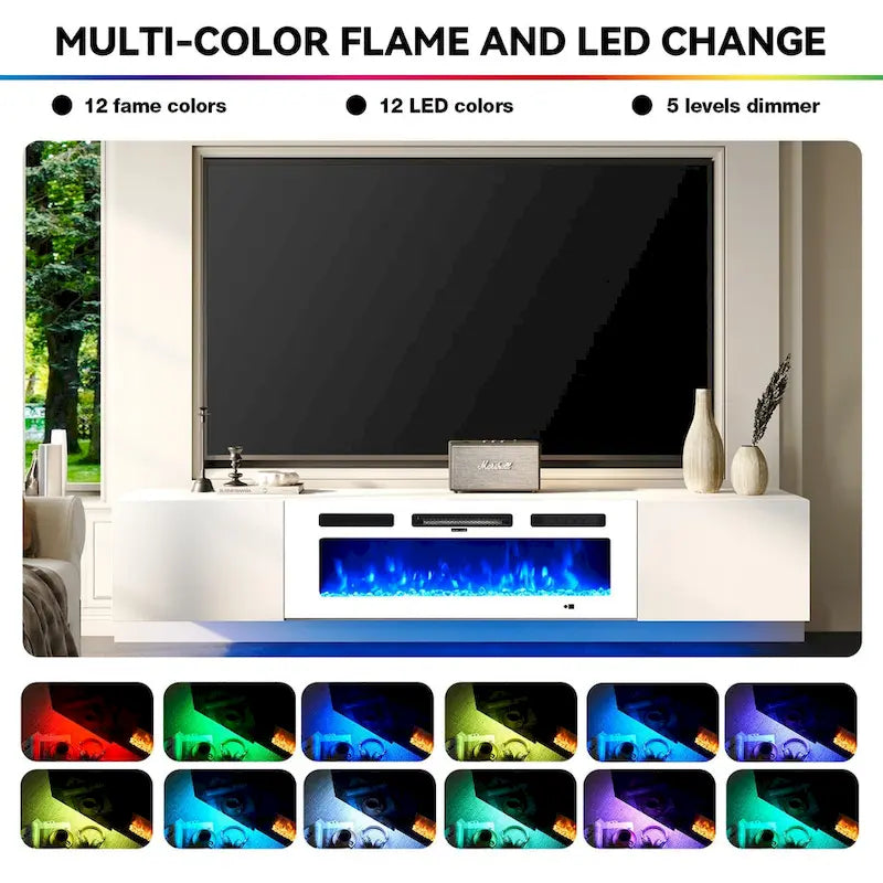 Mobile TV da parete bianco e nero con caminetto elettrico da 36", adatto per TV fino a 80"