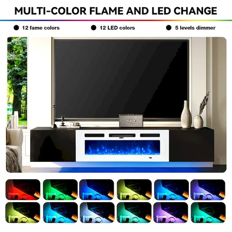 Mobile TV da parete bianco e nero con caminetto elettrico da 36", adatto per TV fino a 80"