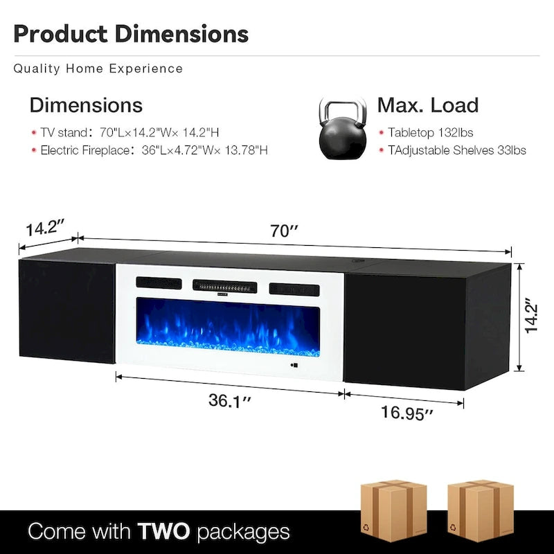 Mobile TV da parete bianco e nero con caminetto elettrico da 36", adatto per TV fino a 80"
