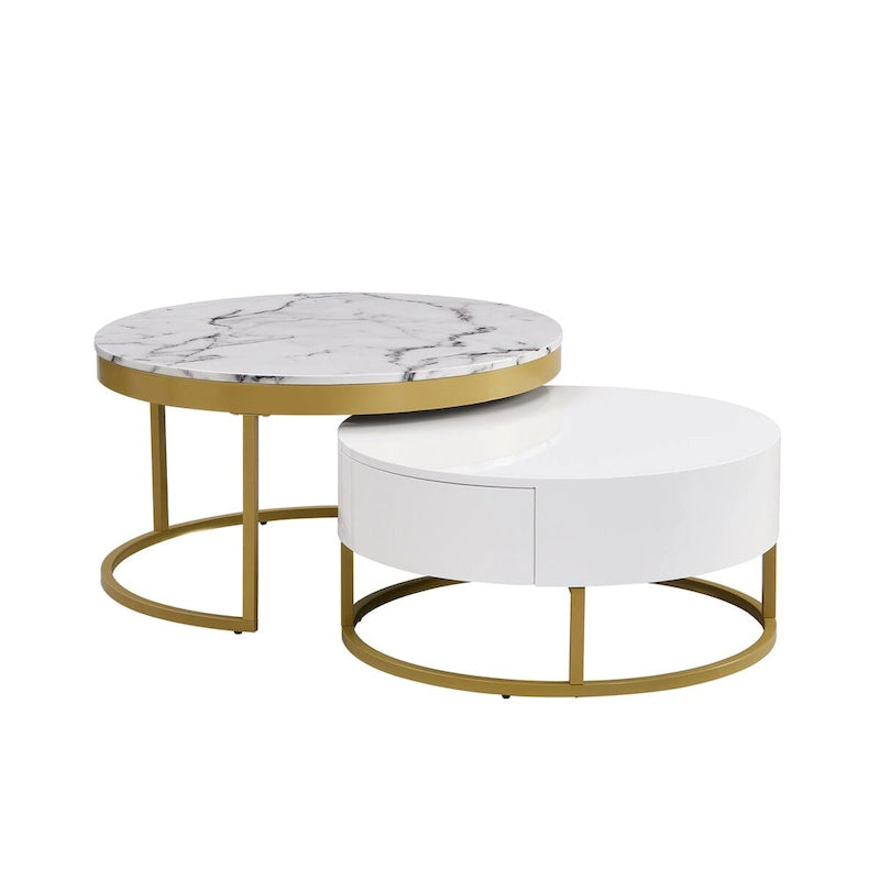 Set di 2 tavolini da caffè rotondi impilabili bianchi e oro con cassetti