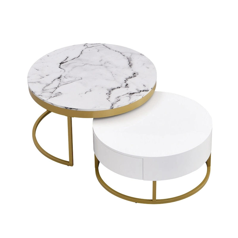 Set di 2 tavolini da caffè rotondi impilabili bianchi e oro con cassetti