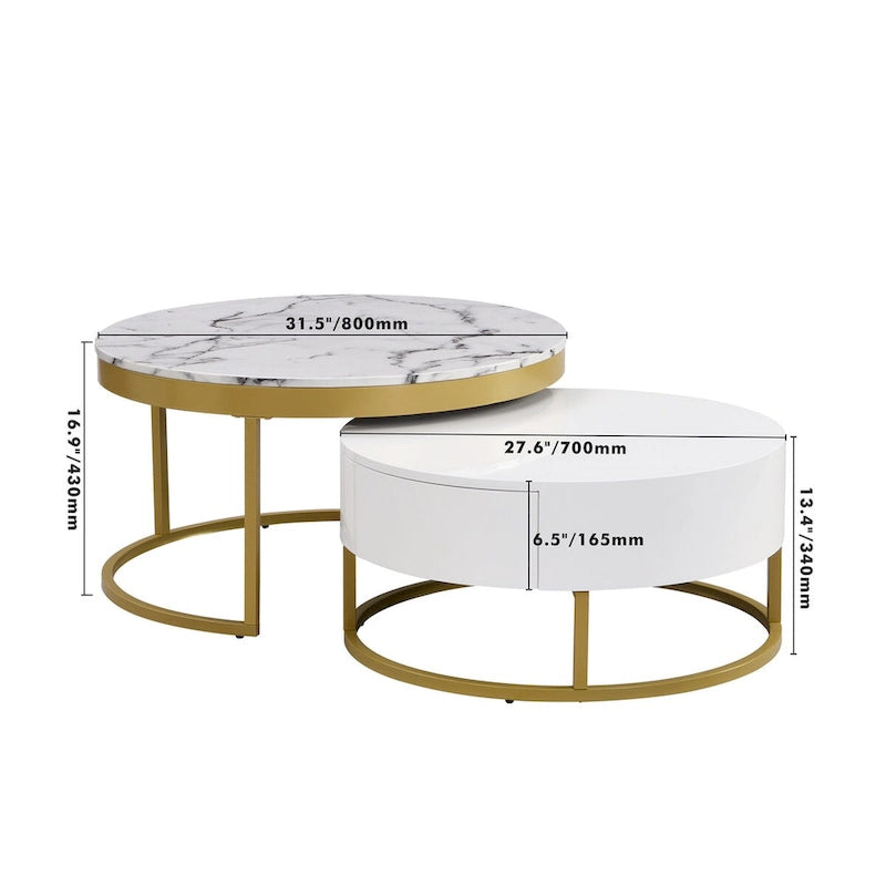 Set di 2 tavolini da caffè rotondi impilabili bianchi e oro con cassetti