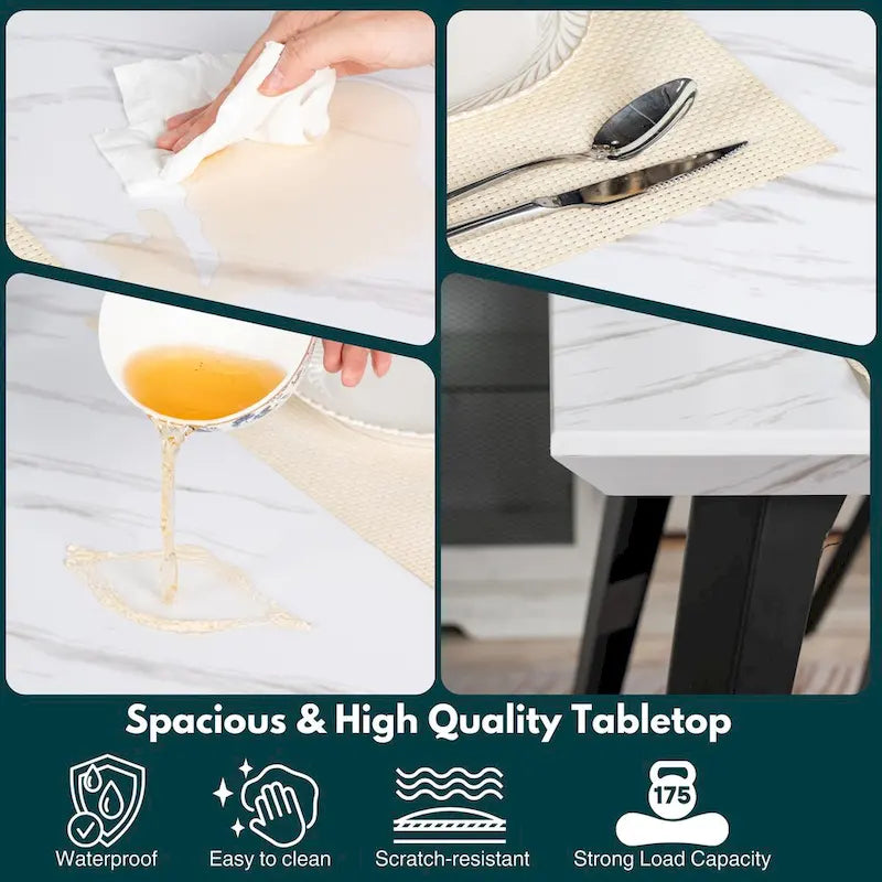 Tavolo da pranzo rettangolare da 160 cm per 4-6 persone, in marmo bianco/marrone scuro, gambe in metallo