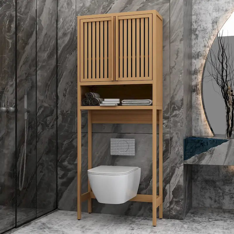 Mobiletto contenitore in bambù naturale da WC con mensola e doppie ante, montaggio per 1 persona