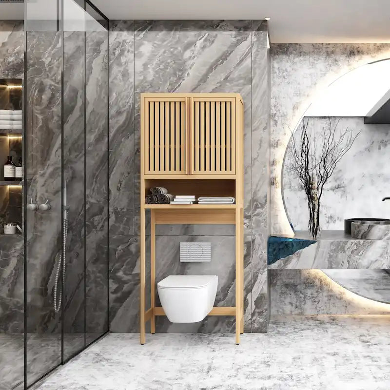 Mobiletto contenitore in bambù naturale da WC con mensola e doppie ante, montaggio per 1 persona