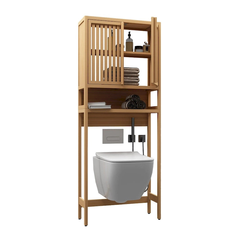 Mobiletto contenitore in bambù naturale da WC con mensola e doppie ante, montaggio per 1 persona