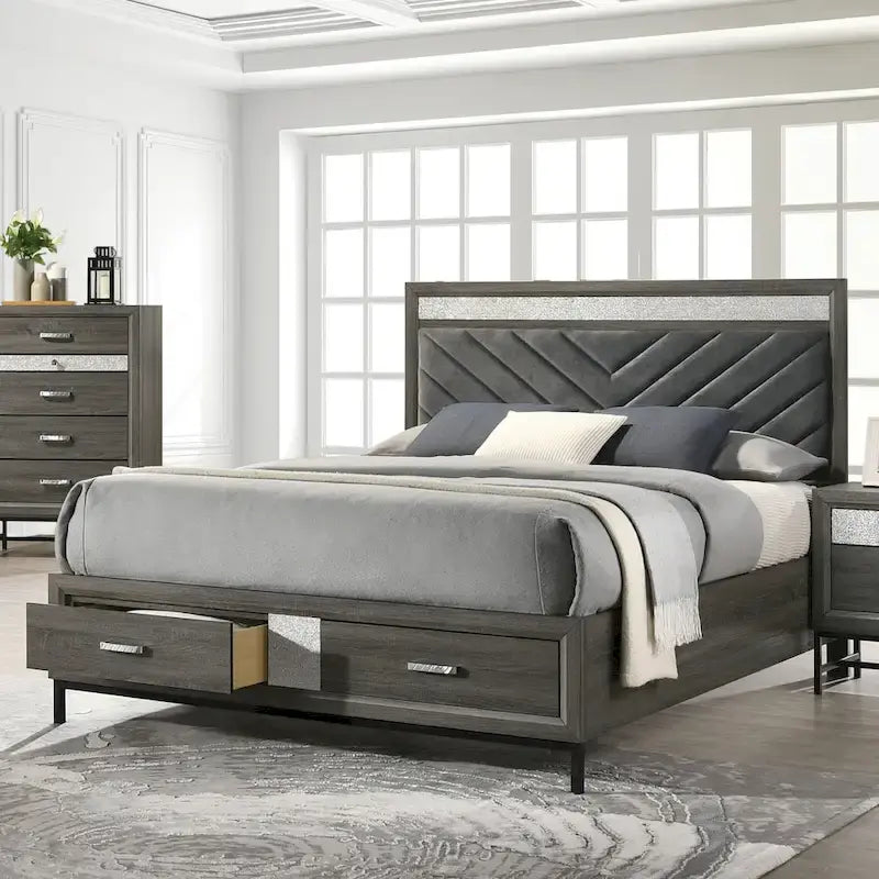 Set camera da letto a piattaforma 6 pezzi grigio con contenitore, stile contemporaneo, per 1-2 persone