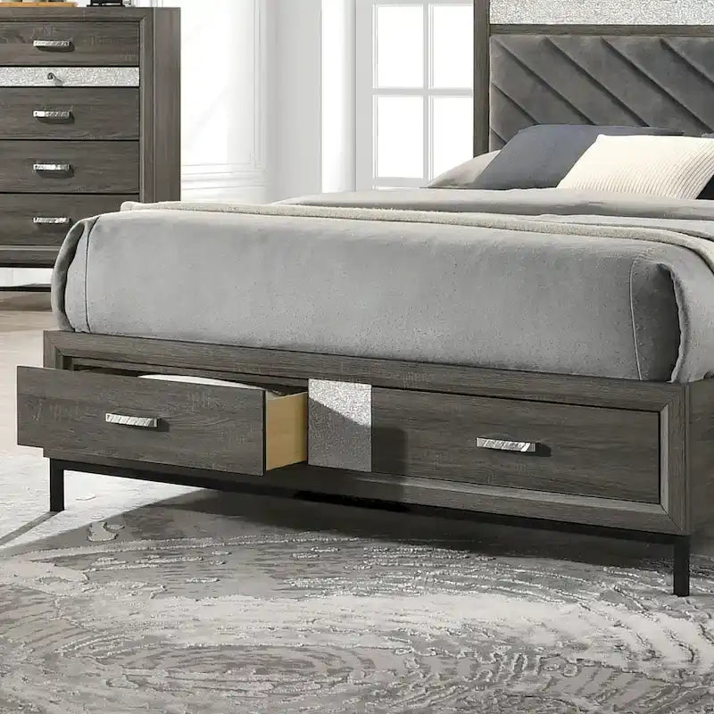 Set camera da letto a piattaforma 6 pezzi grigio con contenitore, stile contemporaneo, per 1-2 persone