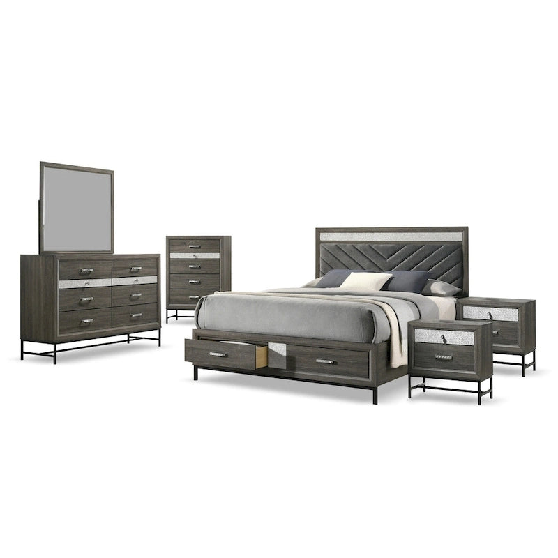 Set camera da letto a piattaforma 6 pezzi grigio con contenitore, stile contemporaneo, per 1-2 persone