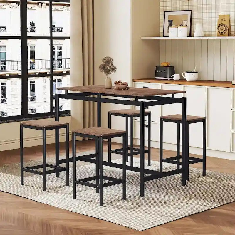 Set da bar 5 pezzi con 4 sgabelli, 4 posti, colore marrone/rovere/marrone scuro