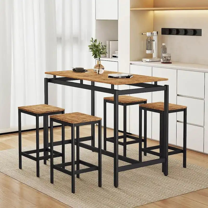 Set da bar 5 pezzi con 4 sgabelli, 4 posti, colore marrone/rovere/marrone scuro