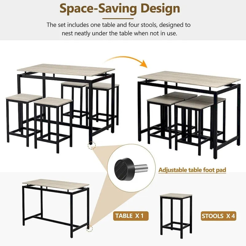 Set da bar 5 pezzi con 4 sgabelli, 4 posti, colore marrone/rovere/marrone scuro