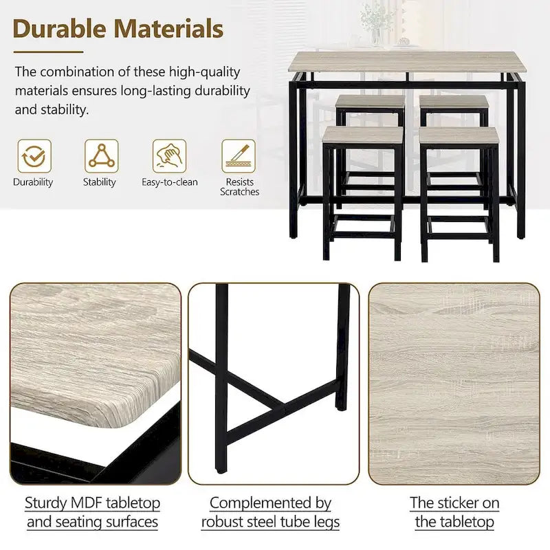 Set da bar 5 pezzi con 4 sgabelli, 4 posti, colore marrone/rovere/marrone scuro