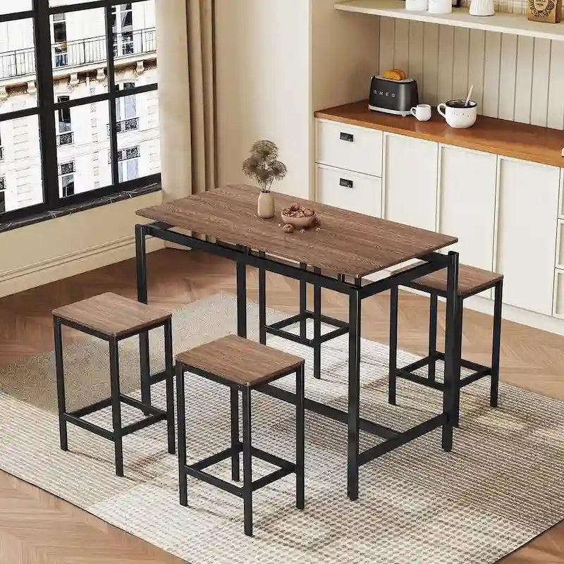 Set da bar 5 pezzi con 4 sgabelli, 4 posti, colore marrone/rovere/marrone scuro