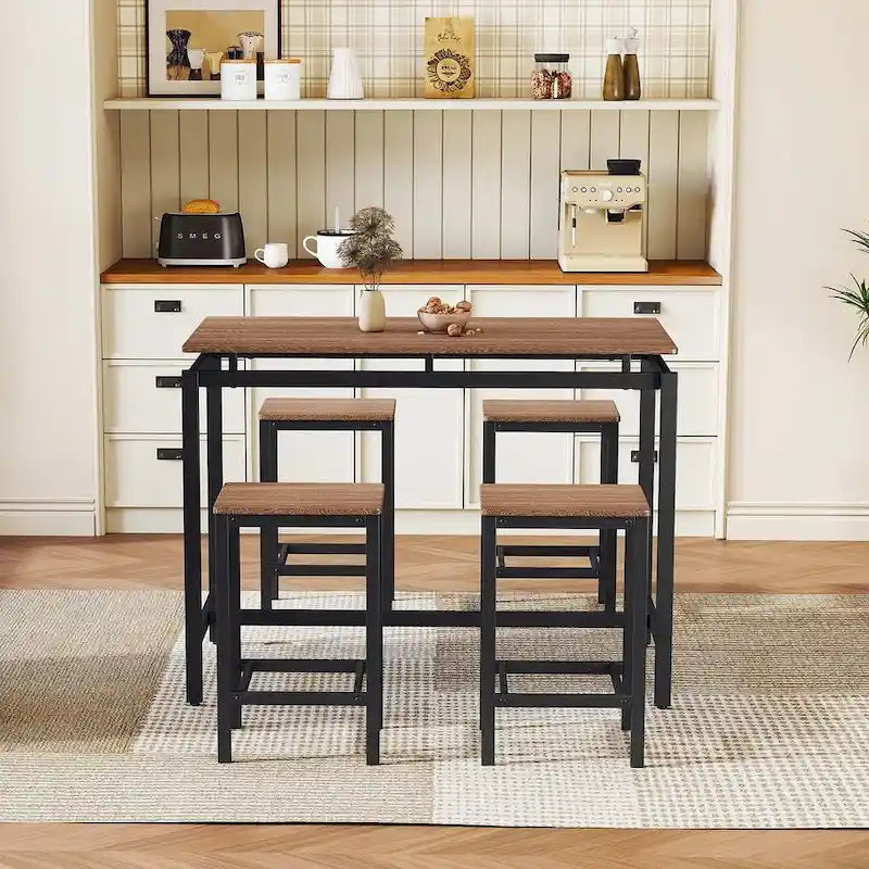 Set da bar 5 pezzi con 4 sgabelli, 4 posti, colore marrone/rovere/marrone scuro