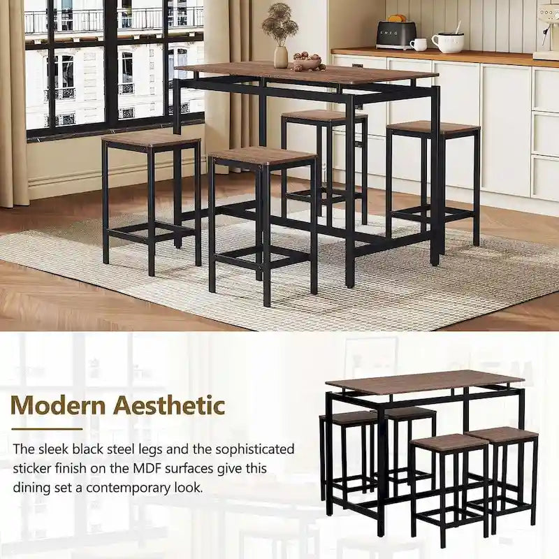 Set da bar 5 pezzi con 4 sgabelli, 4 posti, colore marrone/rovere/marrone scuro
