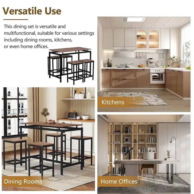 Set da bar 5 pezzi con 4 sgabelli, 4 posti, colore marrone/rovere/marrone scuro