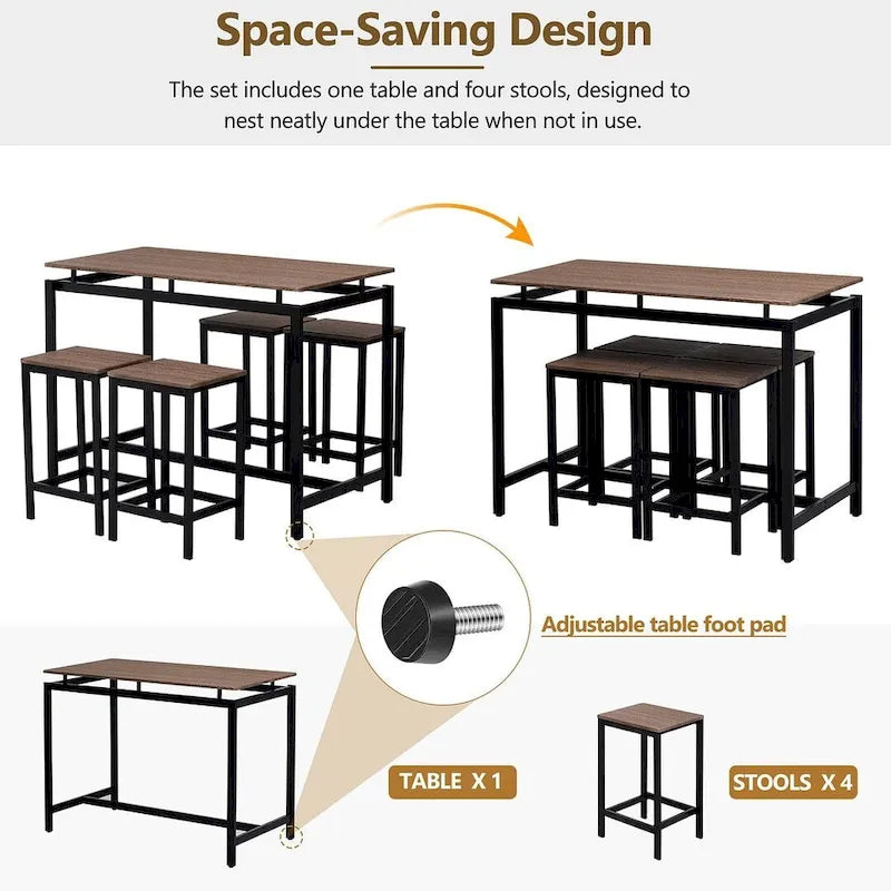 Set da bar 5 pezzi con 4 sgabelli, 4 posti, colore marrone/rovere/marrone scuro