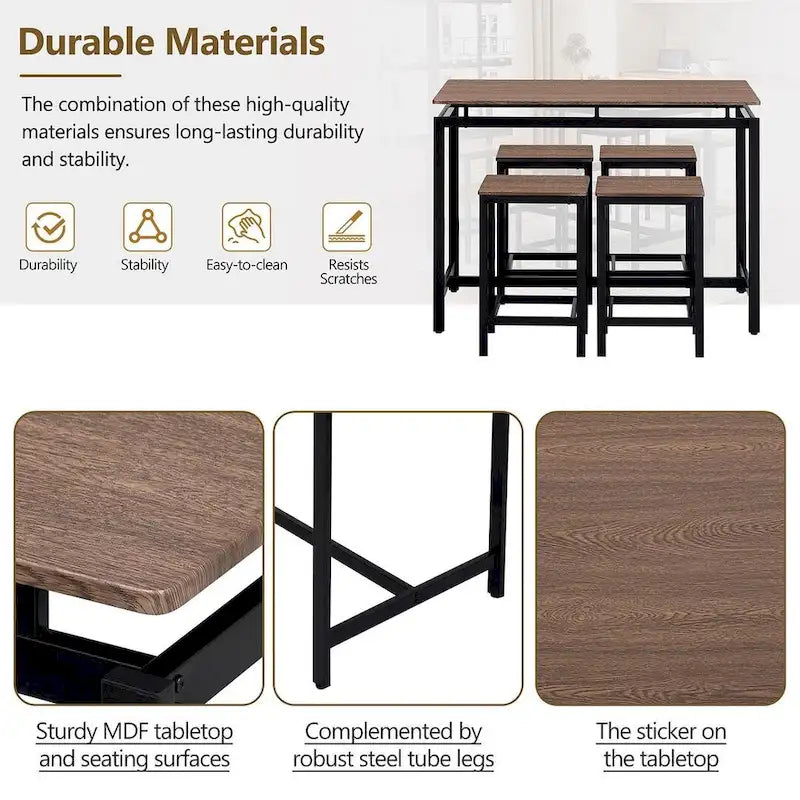 Set da bar 5 pezzi con 4 sgabelli, 4 posti, colore marrone/rovere/marrone scuro