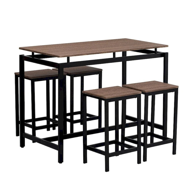 Set da bar 5 pezzi con 4 sgabelli, 4 posti, colore marrone/rovere/marrone scuro