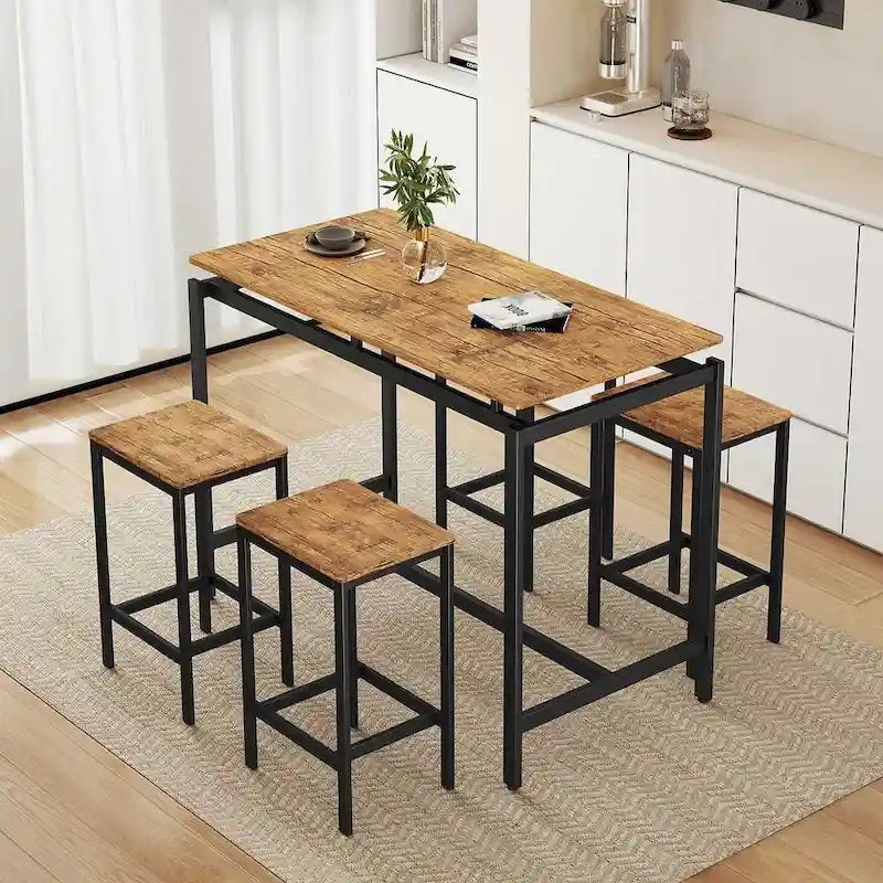 Set da bar 5 pezzi con 4 sgabelli, 4 posti, colore marrone/rovere/marrone scuro