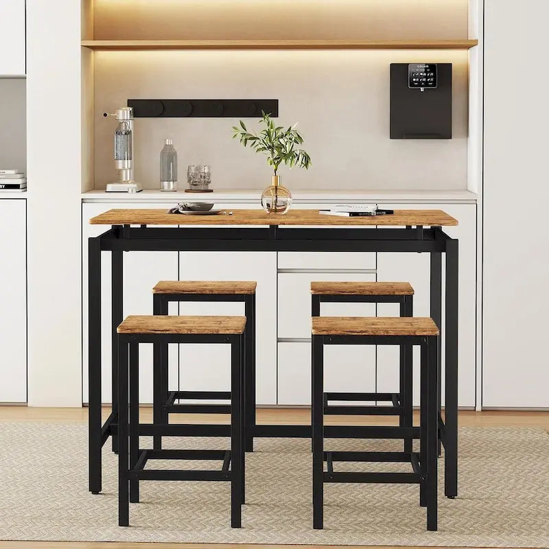 Set da bar 5 pezzi con 4 sgabelli, 4 posti, colore marrone/rovere/marrone scuro